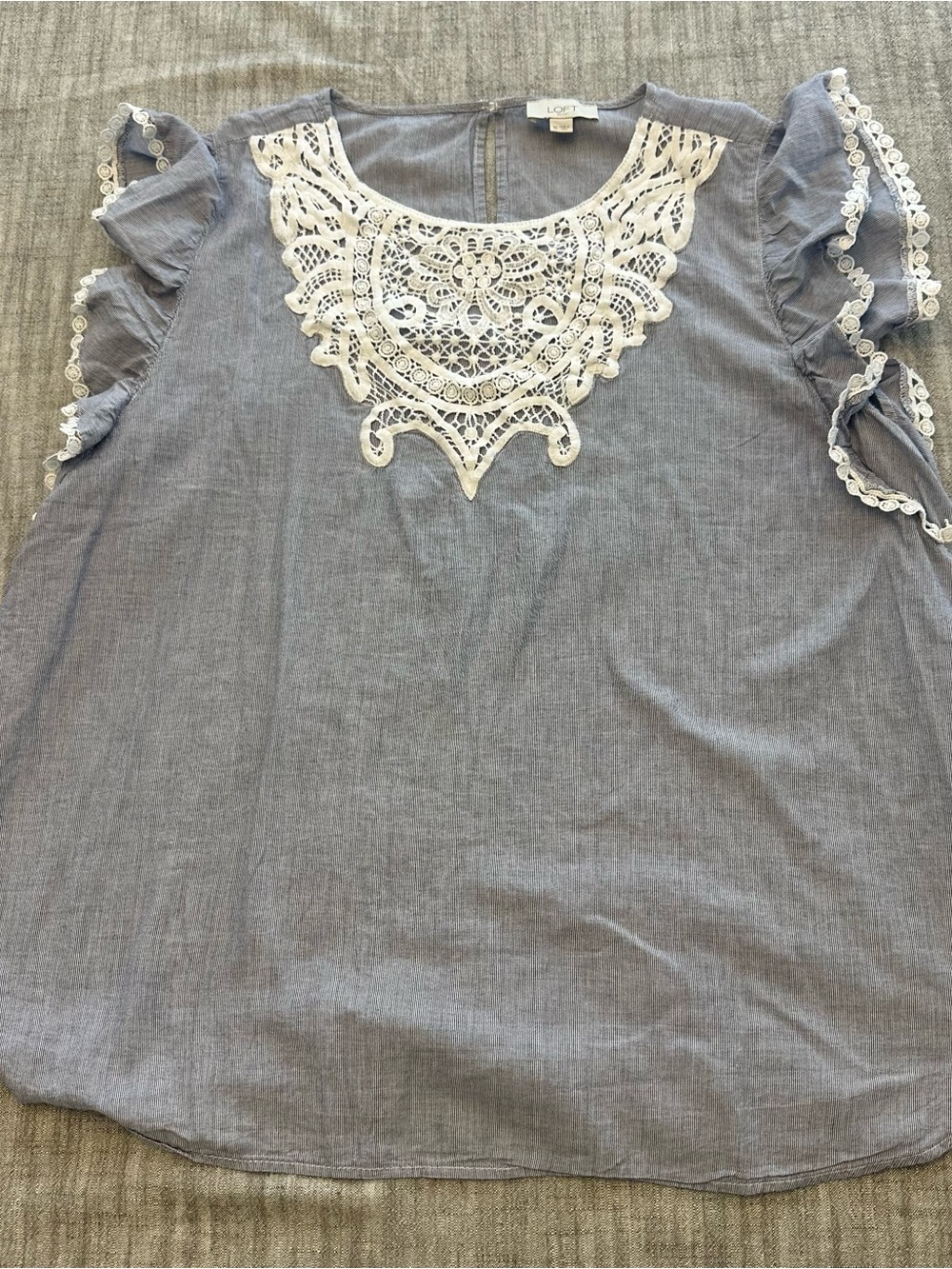 LOFT Light Blue Chambray Top with White Lace Yoke